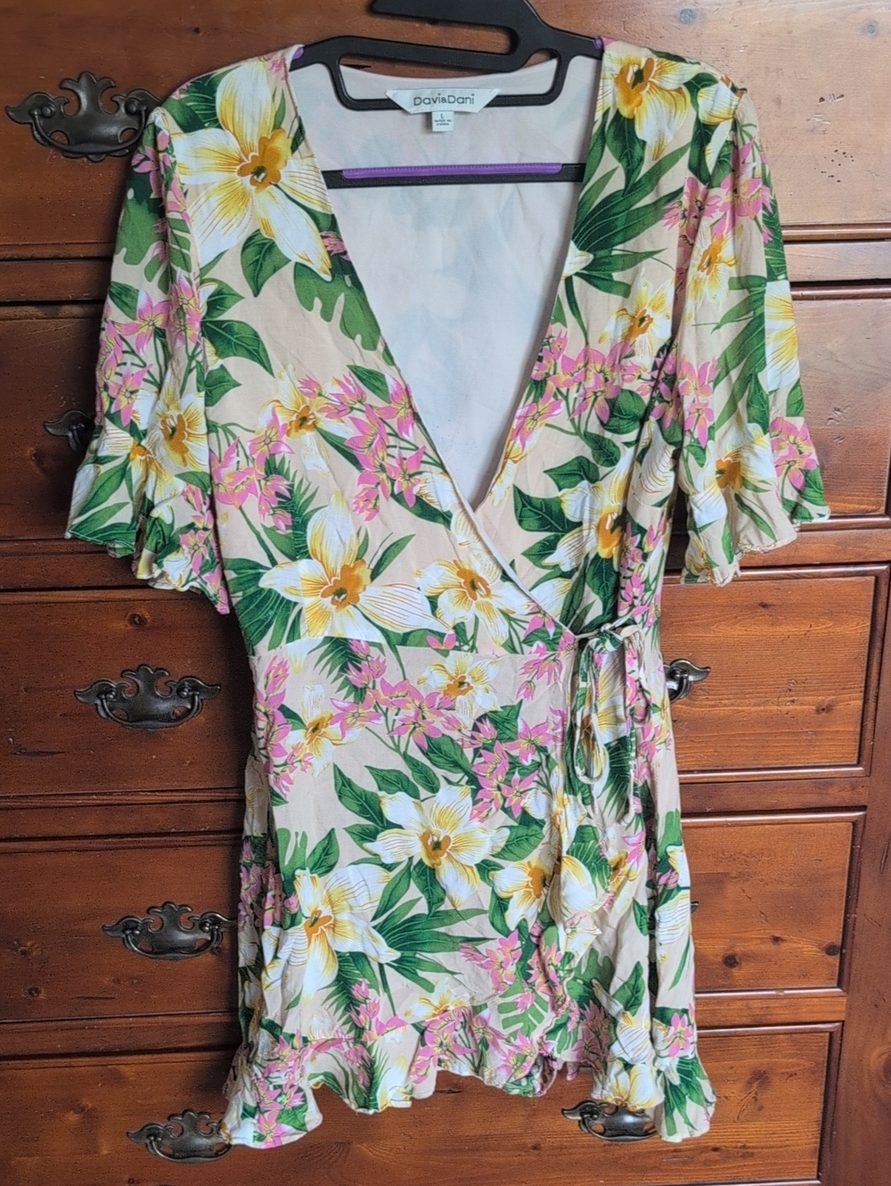 DAVI & DANI Beige Floral Wrap Romper with Green Leaves
